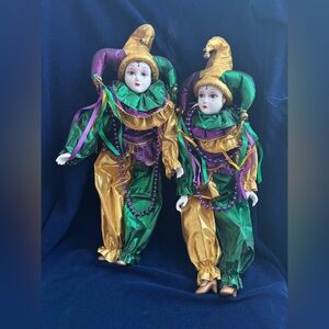 Mardi Gras Colorful Jester Dolls with Beads